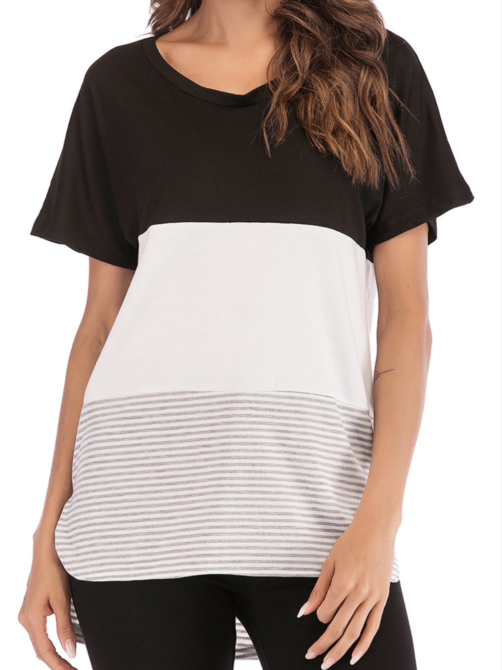 Nursing Queen Black White & Gray Colorblock Short Sleeve Top